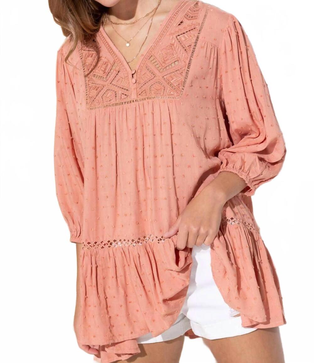 NEW BLUE B dot challis embroidered peplum top in clay